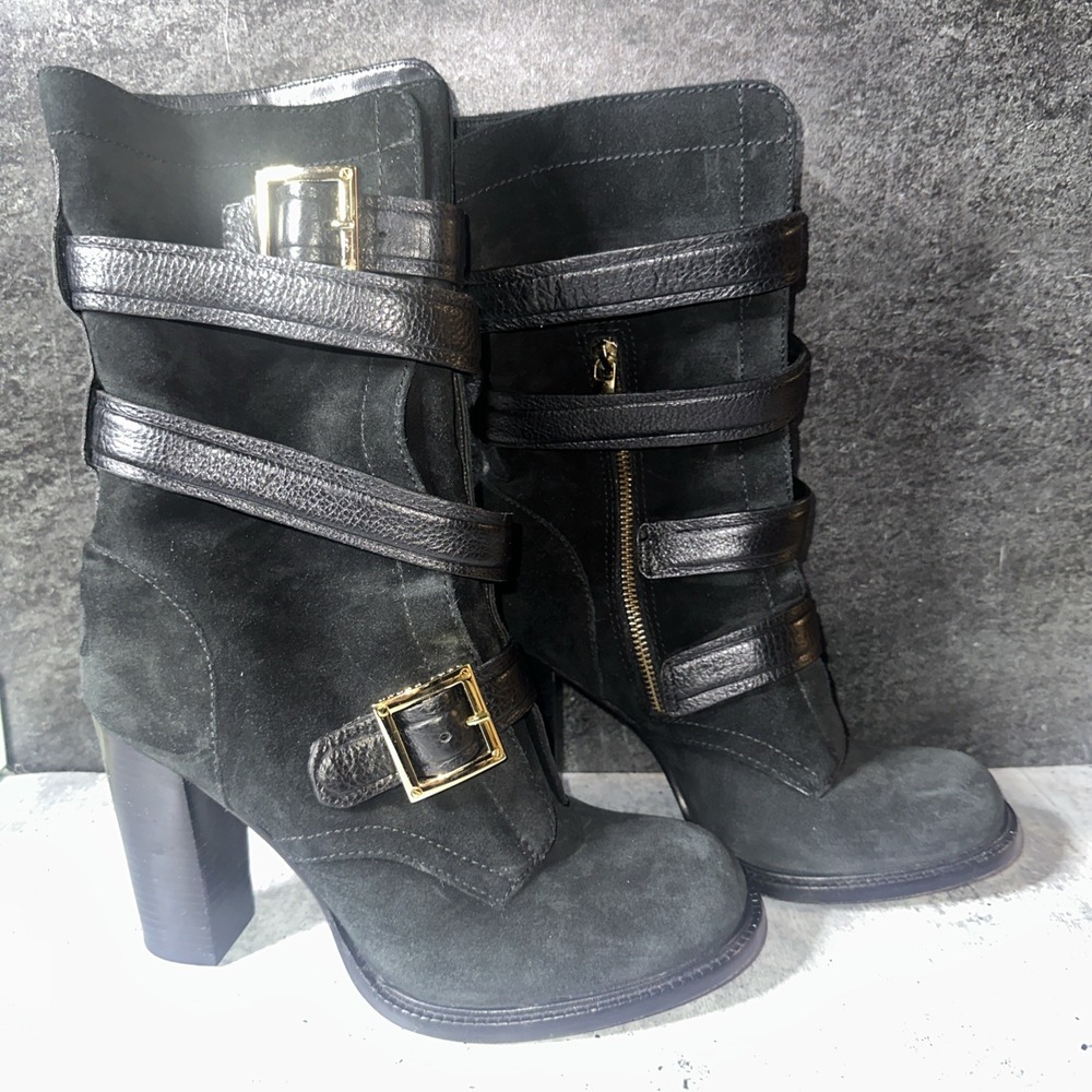 Tory Burch Jaden Buckle Womens US Size 9.5 M Black Suede Biker Harness Boots